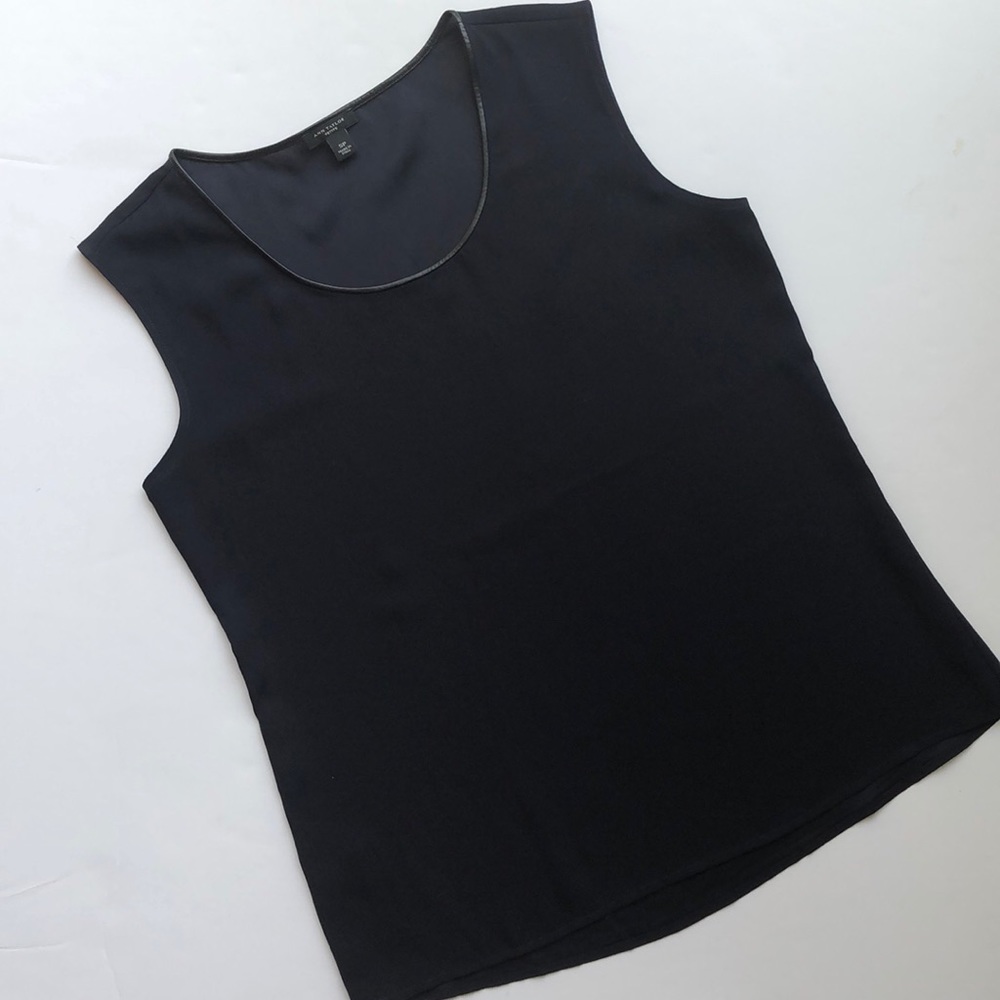 Ann Taylor Navy tank with faux leather trim